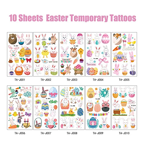 Easter Temporary Tattoos For Kids Women, Easter Bunny Egg Chick Baskets Cute Tattoos Stickers Waterproof Face Body Fake Tattoos For Easter Party Favor Decorations Supplies 10 Sheets #TOP1