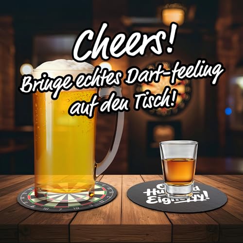 Creatastic - Dart Zubehör Untersetzer Gläser 12 Stück – Bierdeckel lustig mit Dartscheibe & Spruch – Dart Geschenke für Männer, Darts Glasuntersetzer, Bierdeckel Pappe, Durchmesser 10,7 cm