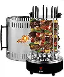 Churrasqueira Elétrica Vertical RAF 1200W 220V – 6/8 Espetos Giratórios 360° | Prática, Sem Fumaça e Portátil