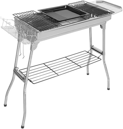 Charcoal Grill, Barbecue Grill Stainless Steel BBQ Smoker for Outdoor Barbecues Camping, Folded Camping Grill, Barbecue Folding Portable for Outdoor Cooking Camping Hiking Picnics Backpacking Silver
