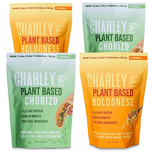 Charley St. Chorizo & Bolognese Combo Pack - Prepared Meatless Crumbles, Plant Based Ground Meat, Create Delicious Vegan Meals, Plant Based Meat With Veggie Protein, Vegetarian Food, 2 Of Each #TOP18