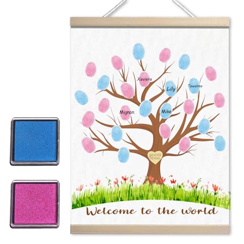 QZCYU Gender Reveal Decorations Fingerprint Tree Canvas Paintings Decor Gifts Ideas - Baby Party Supplies - Boy and Girl Gender Guess Game - Thumbprint Hanging Paintings