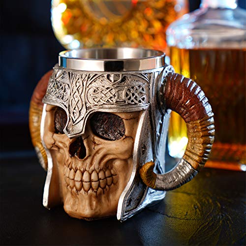 Stainless Steel Double Handle Horn Skull Beer Cup, Viking Warrior Skull Mug Tankard, Medieval Skull Drinkware Mug For Coffee/Beverage/Juice 17Oz. #TOP5