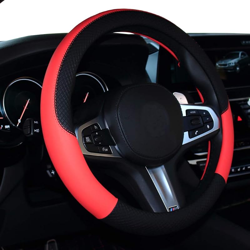 Capa para Volante SHIAWASENA em Couro com Acabamento Fosco, Preto e Vermelho Brilhante, para Volantes de 36,8 a 38,7 cm