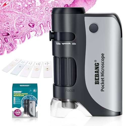 BEBANG Microscopio tascabile, 60X-120X, mini microscopio portatile per bambini, con zoom illuminato a LED, kit di 5 vetrini per adulti, osservazione microbiologica, prescolare, casa, studio, idea