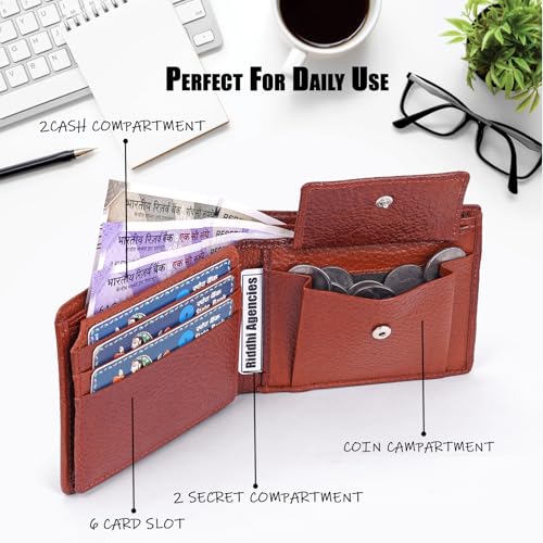 Image of 100% Full Grain Nautral Genuine Pure Original Buff Leather Purse Wallet for Man Mens with Coin Pockets Bifold. 6 Card Slots, 2 Currency Slots, 1 ID Window & 2 Hidden Pockets (TAN)