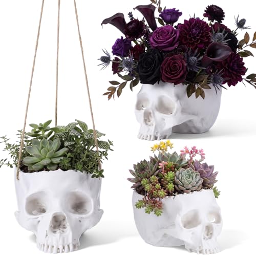 Ferrochef 3 Pack Hanging Skull Planter Pot with Ropes White Resin Gothic Skeleton Flower Pot with Drainage Hole Gothic Home Decor for Succulents Cacti Indoor Outdoor Horror Garden Decoration