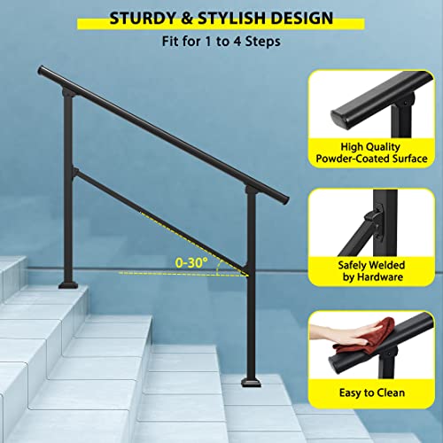 Signstek Handrails for Outdoor Steps, 4 Step HandRail Fit 3 or 4 Steps Outdoor Stair Railing, Metal Porch Railing, Deck Handrail, Black Wrought Iron Hand Rails kit for Concrete, Porch Steps, Upgrade - Thumbnail 6