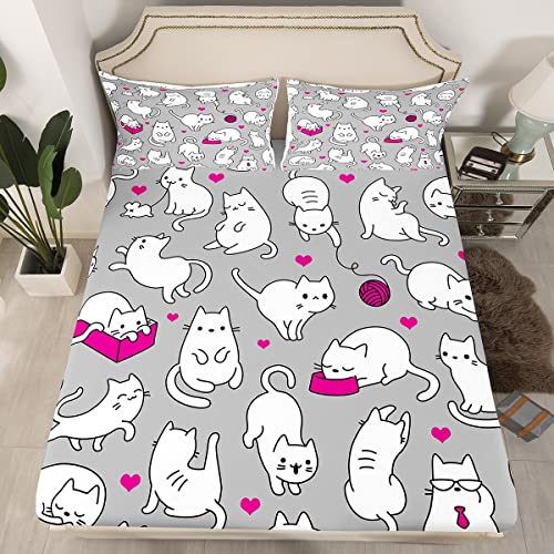 Erosebridal Cute Cat Fitted Sheet Set For Girls,Cartoon Cat Bed Sheets Twin Size Pink Heart Bed Cover Kawaii Pet Bedding Set,Lovely Animal Theme Fitted Sheet Set,White Grey Room Decor 1 Pillowcase #TOP16
