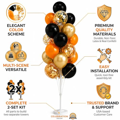 Image of Balloon Column Kit Set of 2 With Balloons Included - with Base, and Pole,Balloon Tower Backdrop Decoration for Wedding, Baby Shower, Birthday Party, or Bachelorette Parties (Black Orange)