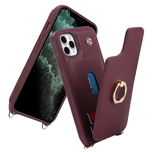Image of for iPhone 11 Pro Phone Case with Card Holder and Strap for Women,Crossbody Lanyard,RFID Blocking,Kickstand Ring Stand,Snap Clasp,Phone Wallet Cases 5.8 inch(Wine Red)