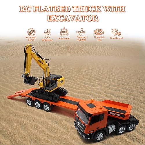 Conjunto de brinquedo de caminhão e escavadeira RC, caminhão de plataforma de controle remoto de 2,4