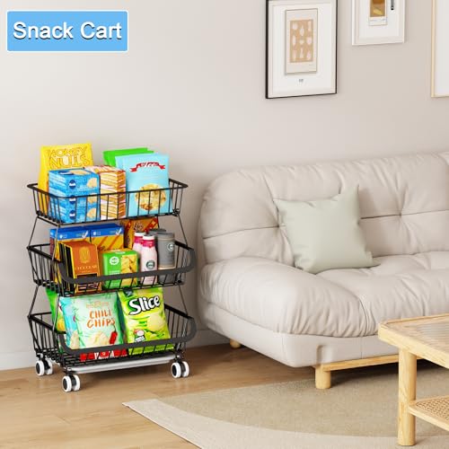 3-Tier Rolling Pantry Floor Organizer, Stackable Pantry Storage Cart with Wheels, Metal Wire Pantry Baskets, Kitchen Fruit Basket Stand, Vegetable Storage Rack for Fruits Snacks Onions Potatoes,1 Pack by Mchoter - Image 6