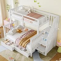Miyemo Bunk Bed for Kids, Triple Sleeper Bed Frame with Storage & Guardrail, 3ft Single for Kids, 4ft6 Double for Adults, Children Cabin Bed with 2 Drawers & Storage Stair, White, (No Mattress)