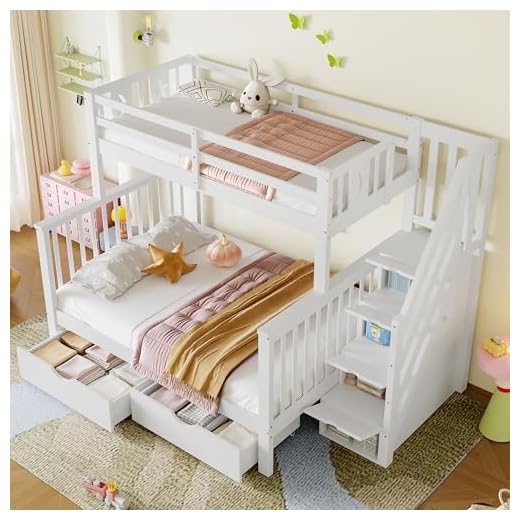 Miyemo Bunk Bed for Kids, Triple Sleeper Bed Frame with Storage & Guardrail, 3ft Single for Kids, 4ft6 Double for Adults, Children Cabin Bed with 2 Drawers & Storage Stair, White, (No Mattress)