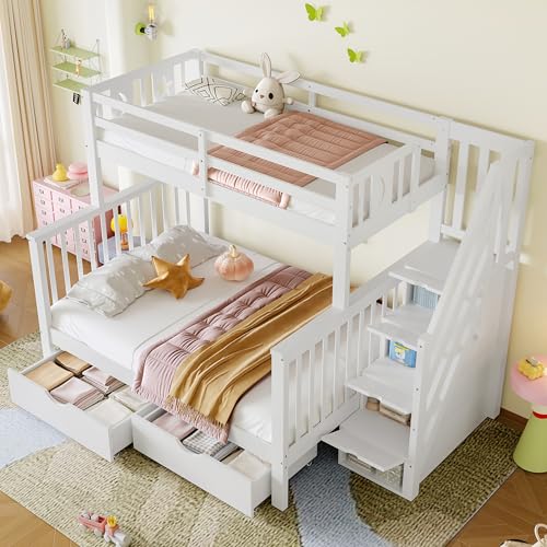 Miyemo Bunk Bed for Kids, Triple Sleeper Bed Frame with Storage & Guardrail, 3ft Single for Kids, 4ft6 Double for Adults, Children Cabin Bed with 2 Drawers & Storage Stair, White, (No Mattress)