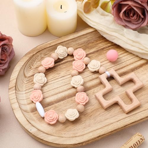 Landical Cross Baptism Silicone Rosary Silicone Ten Year Rosary Baby Shower Baptism Party Supply Catholic First Communion Gift Christian Communion Party Decorations(Rose,Light Pink)