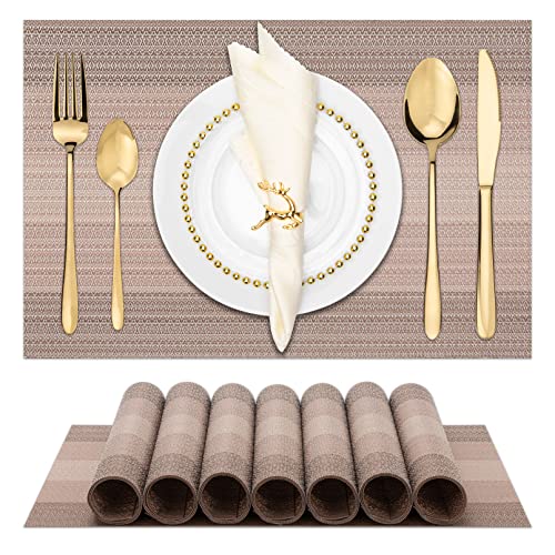 Winknowl Placemats Set of 8, Washable Vinyl Woven Placemats, Heat Resistant & Wipeable Table Mats for Kitchen Dining Table (Pink Gold)