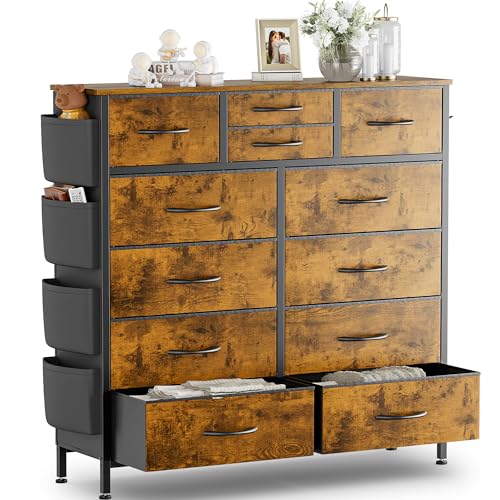 Image of Himusi Dresser for Bedroom with 12 Drawer, Tall Dresser with Side Pockets and Hooks, Fabric Dressers, Chests of Drawers for Closet, Hallway, Living Room, Entryway, Rustic