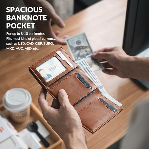 Image of VULKIT Men's Leather Magnetic Closure Pop Up Contemporary Card Holder Wallet with Coin Pocket With ID Window (Brown, One Size)