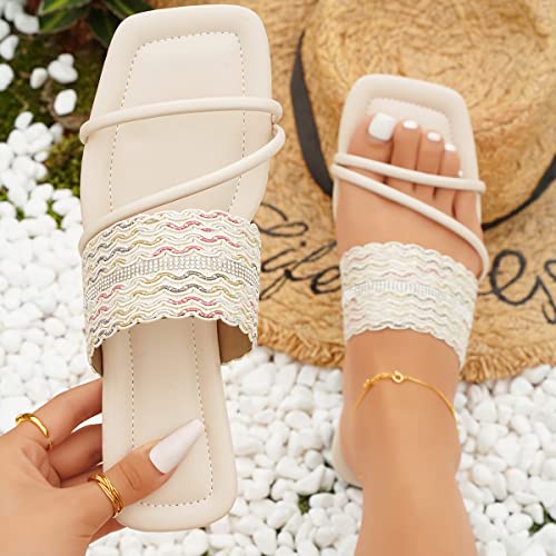 Shesnugin Women‘s Cross Strap Flat Sandals Slip On Square Toe Memory Foam Insole Summer Outdoor Walking Beach Slide Sandals #TOP4