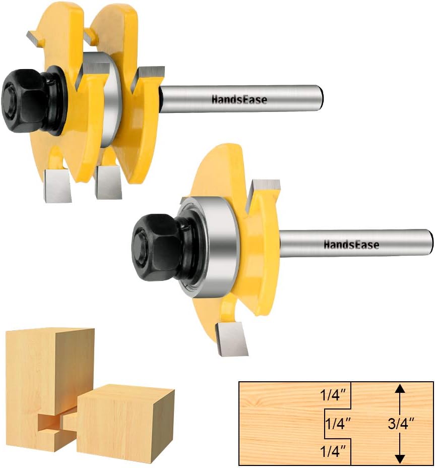 2Pcs Tongue and Groove Set,HandsEase Router Bit Set 3 Teeth T Shape Wood Door Flooring, 1/4 Inch Shank Wood Milling Cutter Woodworking Tool