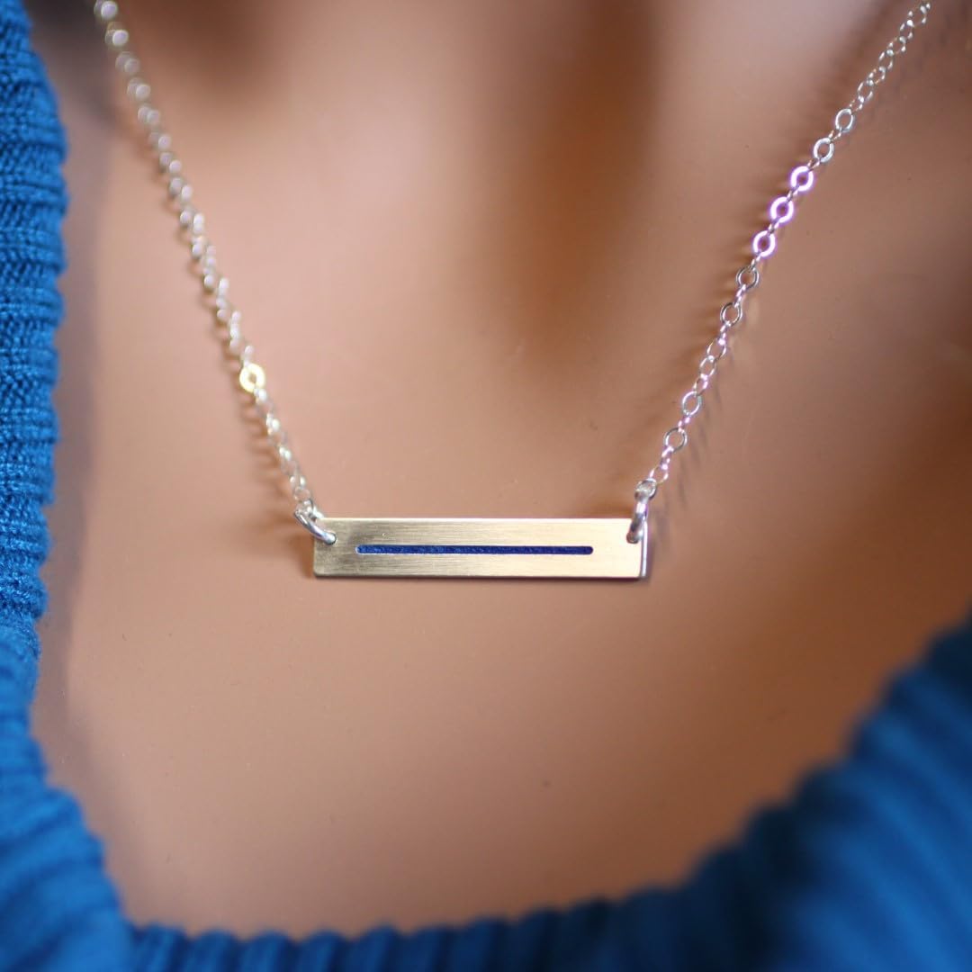 Thin Blue Line Personalized Necklace for Police Wives. Sterling, 14K Gold Fill, Rose Gold Fill. Custom Law Enforcement Badge Number with Blue, Red, Black Line Rectangle Bar.