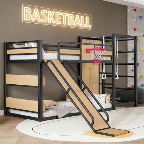 Image of Bellemave Bunk Bed Twin Over Twin with Slide, Basketball Hoop & Climbing Wall, Heavy Duty Metal Twin Bunk Beds for Kids with Guardrails, Low Bunk Bed for Bedrooms, No Box Spring Needed, Yellow