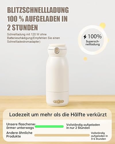 Tragbarer Flaschenwärmer Baby Unterwegs, 500ml Kapazität, Muttermilch und Wasser, Kann erwärmen, warmhalten und sterilisieren, Schnelles Aufheizen in 3 Minuten, 10400 mAh Akku für Lange Akkulaufzeit