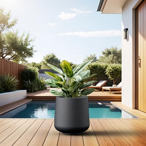 Kante Round Concrete Planter, 13 Inch Dia Barrel-Style Garden Pot with Drainage, Black Finish with Painted Interior, Ideal for Home, Patio and Garden (10.2" Opening) by Kante - Image 6