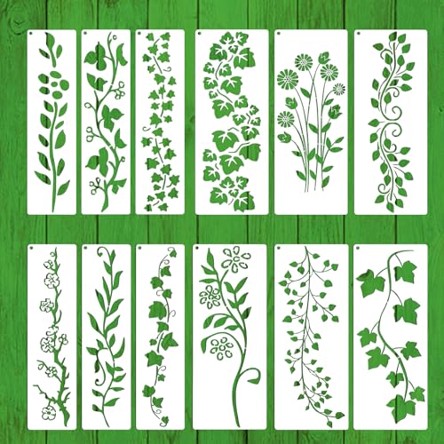 12pcs Leaf Vine Stencils, Leaf Flower Stencils for Painting Reusable Drawing Stencil for Crafts, Drawing Templates Stencil for Painting on Wood Wall Canvas Furniture Home Décor