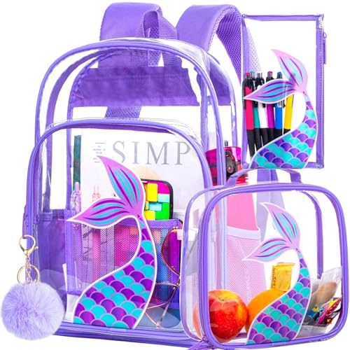 Image of AGSDON 3PCS Clear Backpack for Girls, Kids Mermaid Transparent Bookbag Heavy Duty, Cute See Through Backpacks with Lunch Bag - Purple