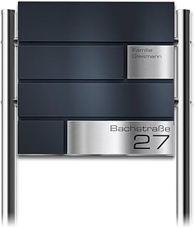 Metzler Standbriefkasten Modell G in Anthrazit mit Edelstahl-Namensschild & Ständer - Pulverbeschichtung RAL 7016 Feinstruktur Matt - Gravur - Größe 37 x 37 x 10,5 cm - Höhe 120 cm