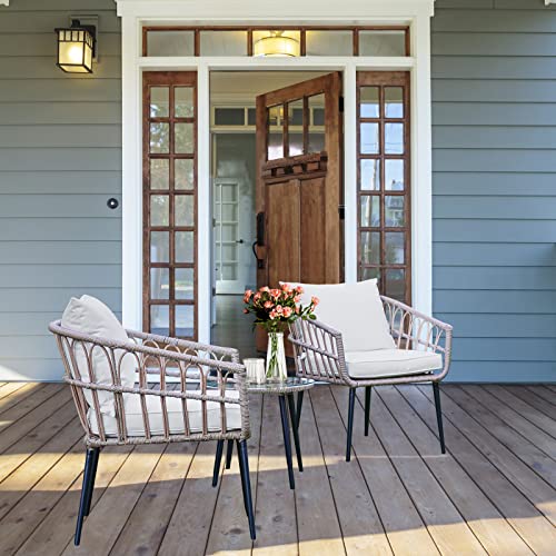 Homsido 3-Piece Outdoor Rattan Patio Furniture Set, Bohemian Simple Wicker Patio Chair Conversation Indoor Sets With Coffee Table And Waterproof Cushion #TOP1