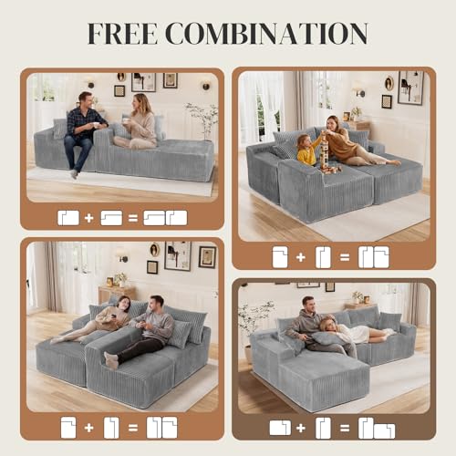 Image of 110 inch L Shaped Cloud Boneless Sectional Couches for Living Room, Modern Comfy Modular Deep Seat Memory Foam Compressed Corduroy Sofa Oversized Left Facing Chaise, No Assembly Required, Grey