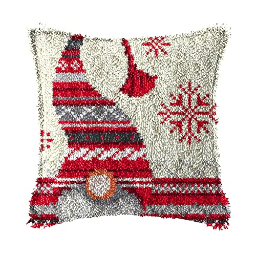 DIY Latch Hook Kits Throw Pillow Christmas Hat Cover Rug Pattern Color Printed Canvas16X16 Inch, Crochet Needlework Crafts For Kids And Adults