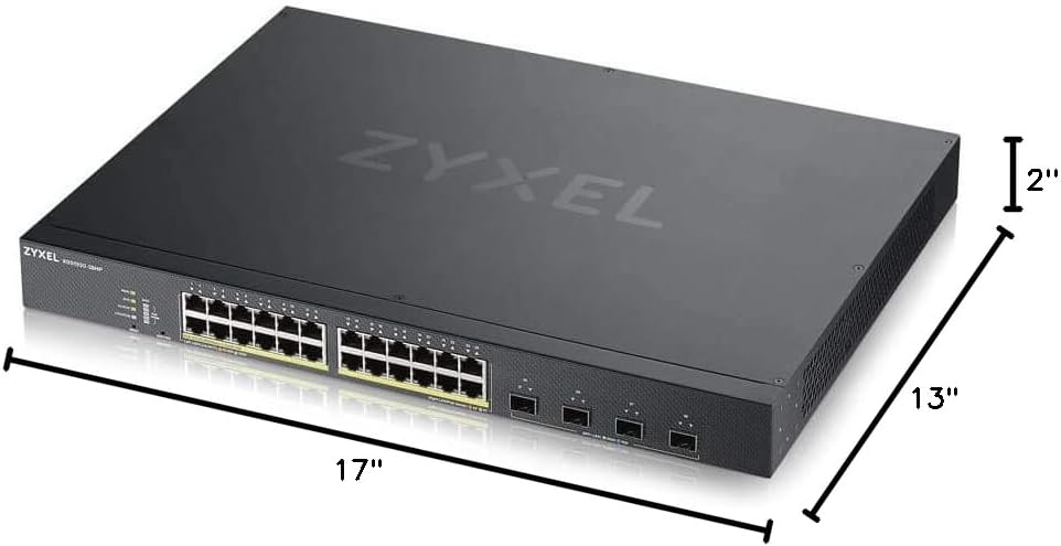 Dimensions of the ZYXEL XGS1930-28HP switch: 17 inches wide, 13 inches deep, 2 inches high