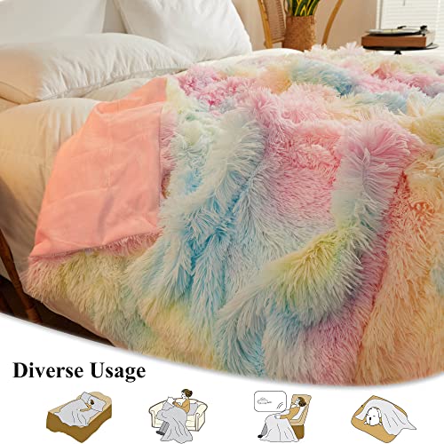 XeGe Plush Faux Fur Rainbow Throw Blanket, Tie Dye Shaggy Furry Blanket Throw Single, Fluffy Microfiber Velvet Couch Blanket - Image 3