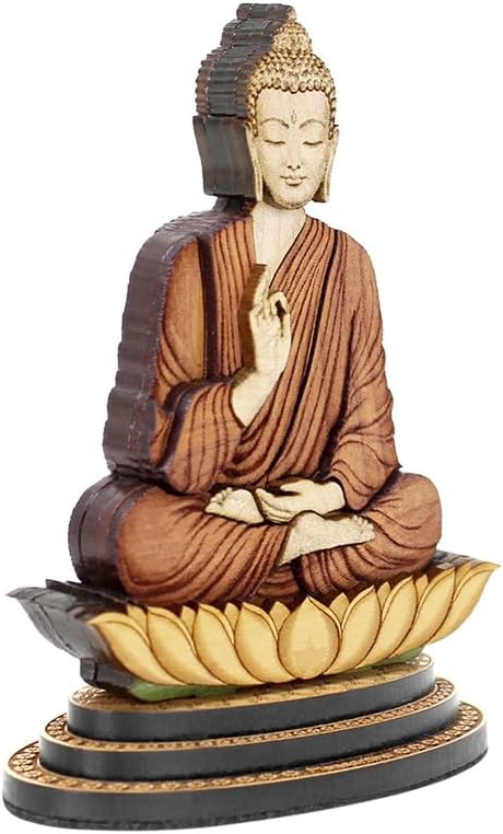 4 Inch Buddha - Wood Carved Statue in Exotic Hard Woods - Multi Layered Hand Made Wooden Buddha Idol for Car Dashboard, Home, Office, and Travel