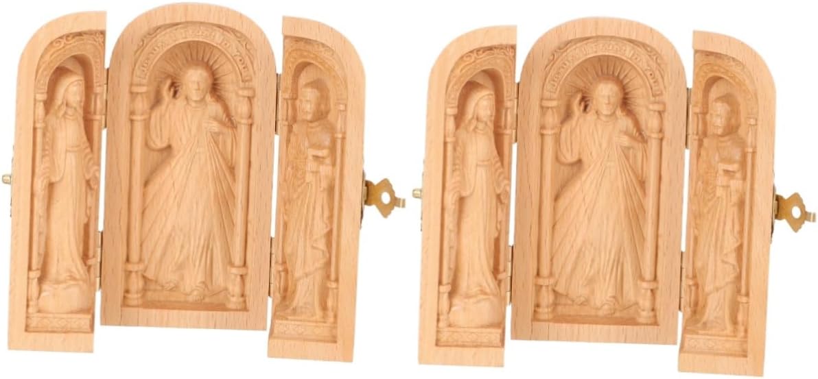 Pack of 2 Wooden Figures Christian Sculpture Decorative Altar Jewellery Box Made of Beech Wood Stylish Catholic Figure for Living Room Church Hotel and Library