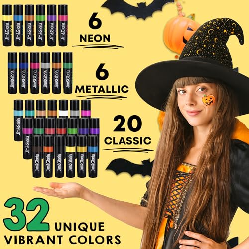 Jim&Gloria Face Paint Kit Bulk 32 Professional Face Painting Kit for Party, Metallic, Neon, Classic Makeup, Facepaint Crayons, Washable Body Paint Adults, Teenage Girls and Boys Christmas Gifts Crafts