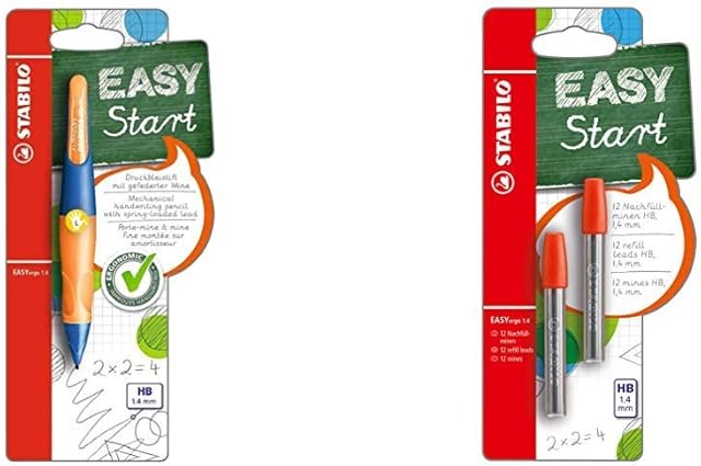 STABILO EASYergo Mechanical Pencil Left Handed, 1.4 mm, Ultramarine/Orange &EASYergo 1.4 mm Leads - Packs of 2 (Total of 12 Leads)