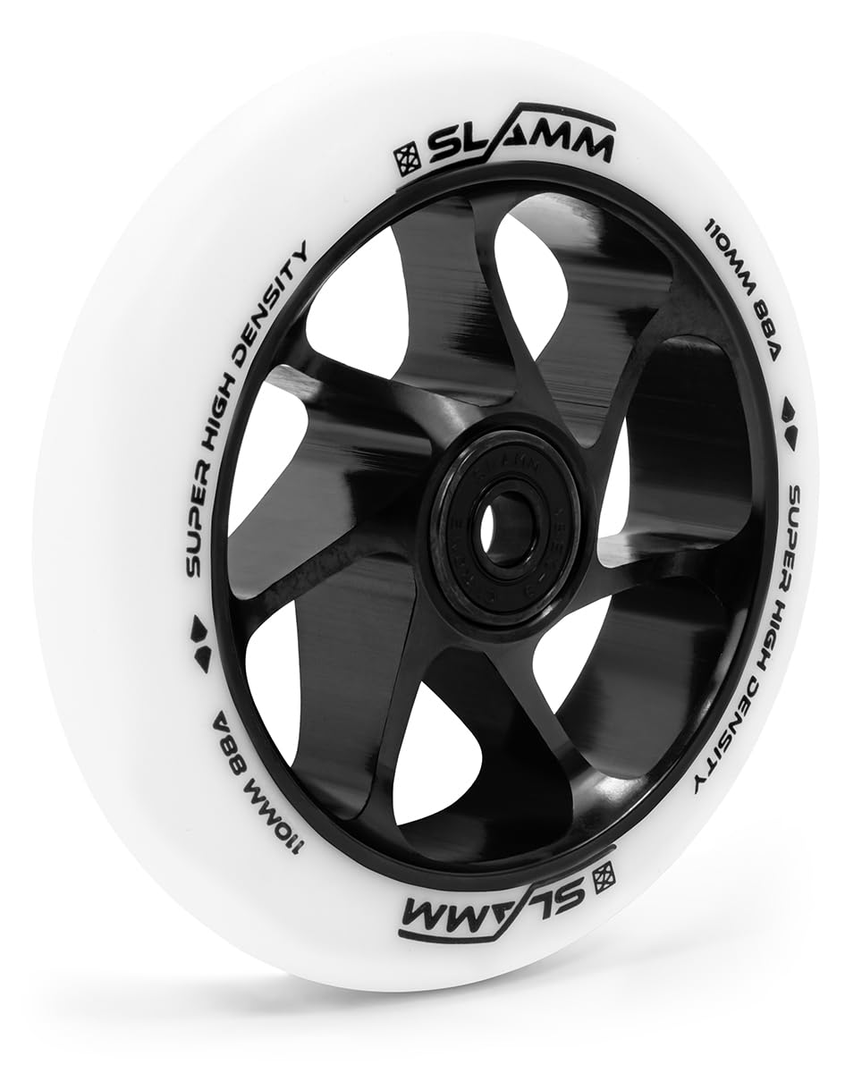 Slamm 110mm Team Wheel White & Black | Stunt Scooter Aluminium Core Single Wheel | 88A Hardness Super High Rebound & High Density PU | ABEC-9 Chrome Bearings Fitted
