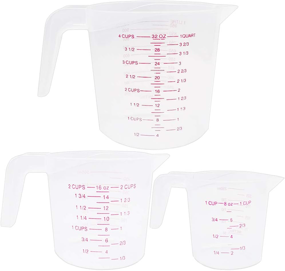 3 Pcs Plastic Measuring Cups Set 4/2/1 Cup Capacity Clear Measuring Jug Set,Stackable Clear Heat-resistant Cup for Measure Liquid and Baking Items,Kitchen Lab Use
