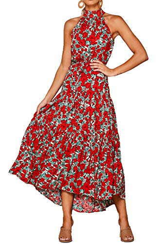 ROVLET Women's Boho Dress Beach Halter Neck Sexy Sleeveless Floral Maxi Casual Sundresses Party Dating (Red Floral, Large)