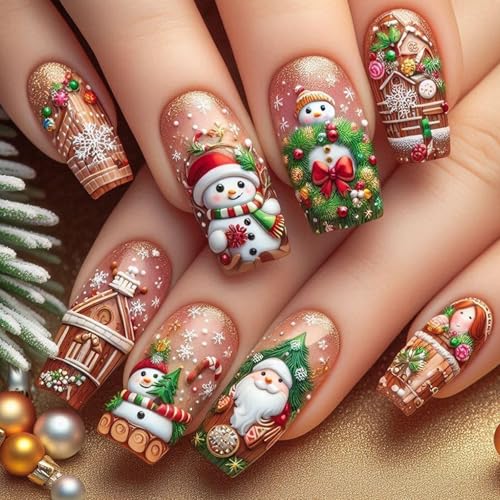Viugex 24 Piezas Navidad Uñas Postizas Largas Cuadradas, Francesas Press on Nails con 3D Copo de Nieve & Muñeco de Nieve Diseño, Reutilizables Cubiertas Completas Uñas Acrílicas para Mujeres y Niñas