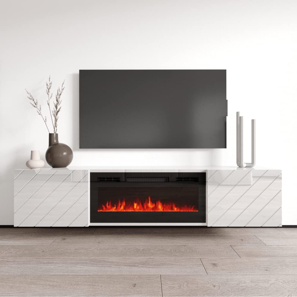 Meble Furniture Luxe BL-EF Floating Fireplace TV Stand — Modern Matte Finish — Fits TVs up to 80", 59.1" W x 15.7" D x 23.6" H — White