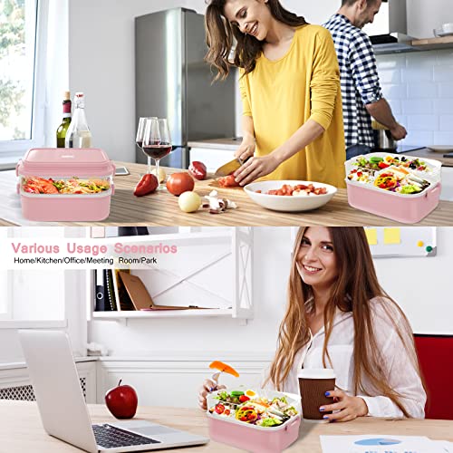 Kemethy Bento Box Adult Lunch Box, Bento Lunch Box For Adults, Stackable Bento Lunch Containers For Adults, Leak-Proof 2000Ml/68Oz Large Capacity Adult Bento Box With Tableware And Sauce Cups, Pink #TOP6