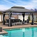PURPLE LEAF 10' x 14' Hardtop Gazebo with String Lights Galvanized Steel Double Roof Gazebo with Aluminum Frames Outdoor Large Pavilion Gazebo for Patio Deck Garden, Light Grey