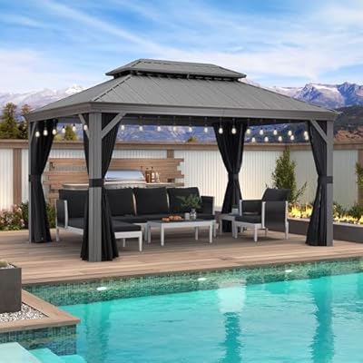 PURPLE LEAF 10' x 14' Hardtop Gazebo with String Lights Galvanized Steel Double Roof Gazebo with Aluminum Frames Outdoor Large Pavilion Gazebo for Patio Deck Garden, Light Grey